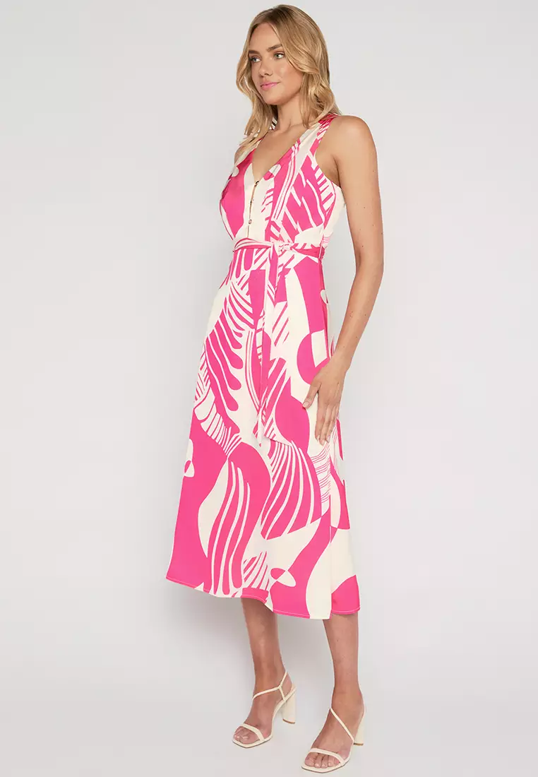 Jual Style State Abstract Print V-Neck Dress with 2-Way Wear Ribbon ...