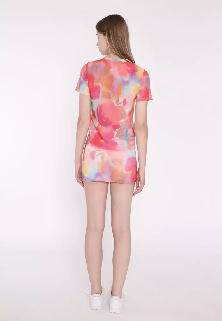 Multi Watercolour Flower Split Mini-Skirt