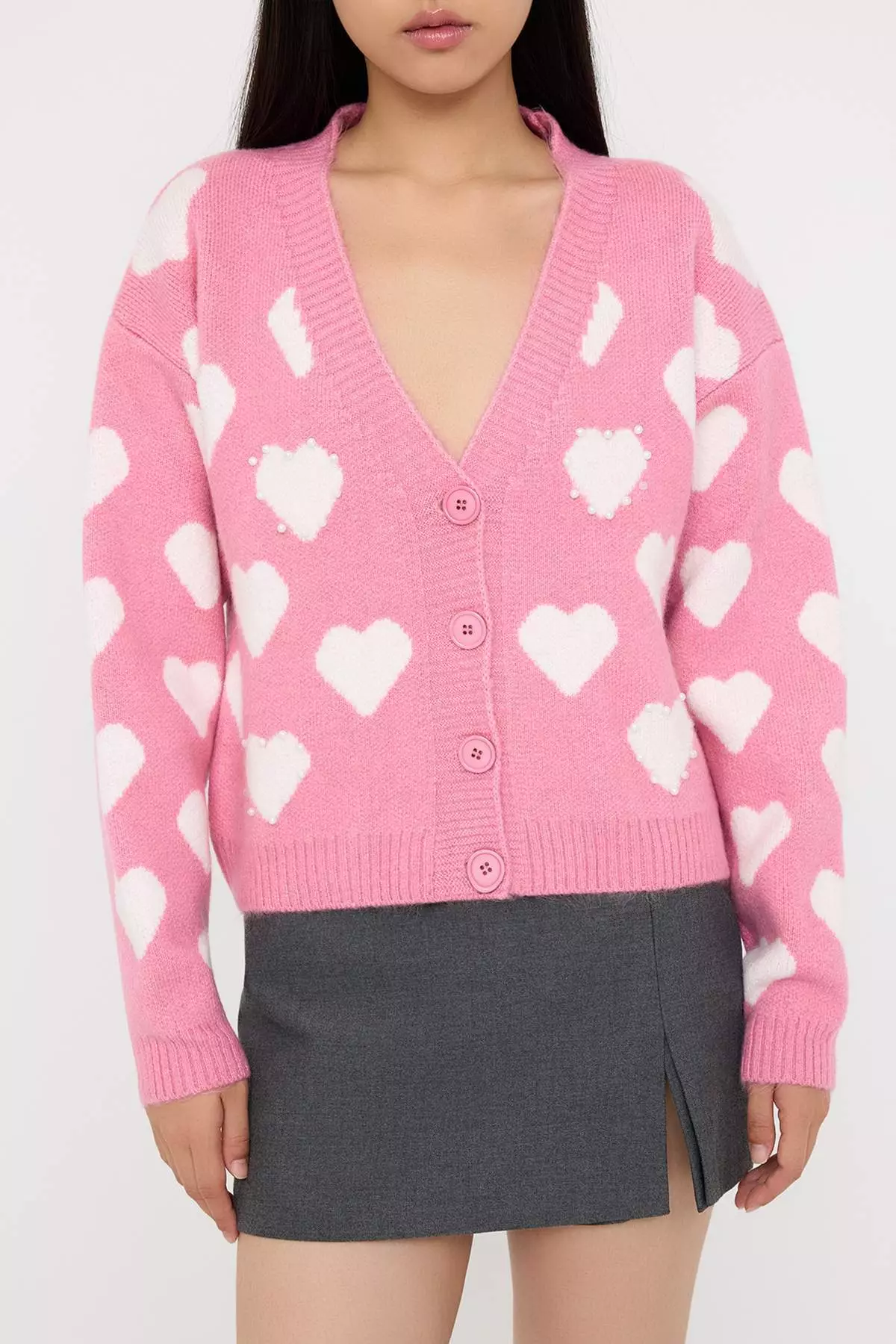 Teen Pink Soft Textured Heart Patterned Pearl Detailed Knitwear Cardigan