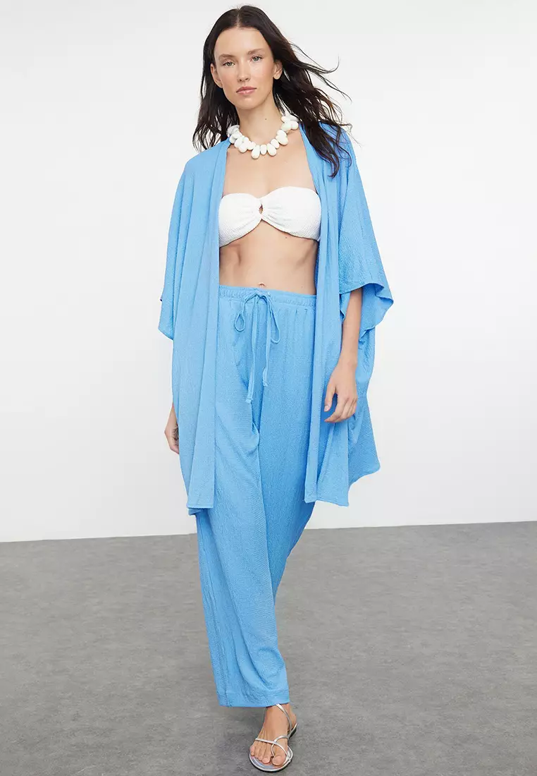 Blue Woven Wrap Kimono Pants Beach Set TBESS23AU00149
