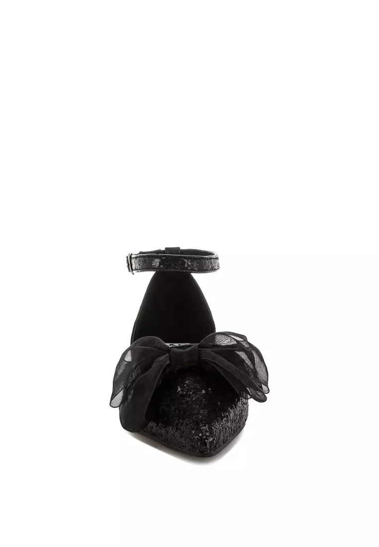 Sheer Bow Detail Glitter Flat Sandals in Black