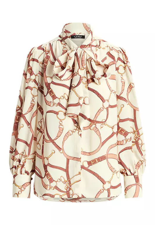 Lauren Ralph Lauren Belting-Print Georgette Tie-Neck Blouse
