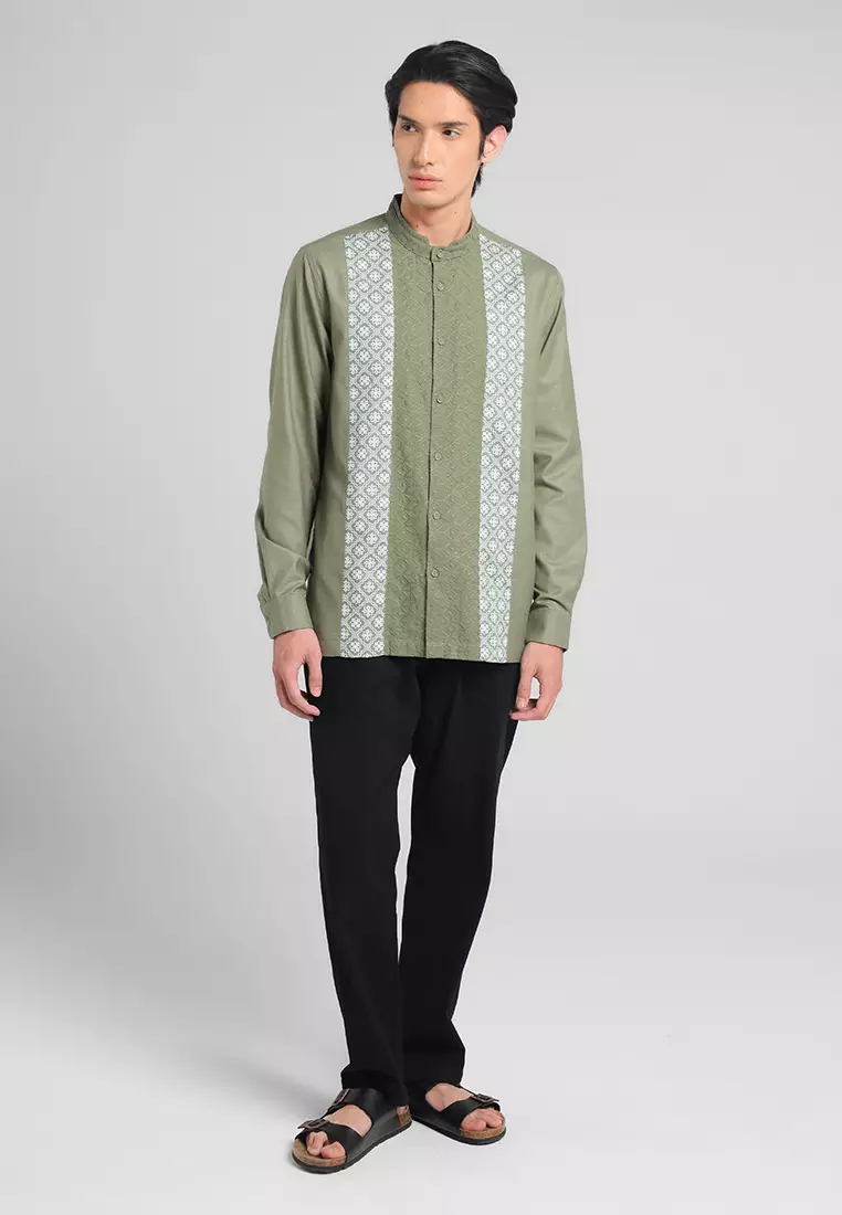 MANZONE - Kemeja Koko Lengan Panjang Pria Haddad Modern - Sage Warna SAGE