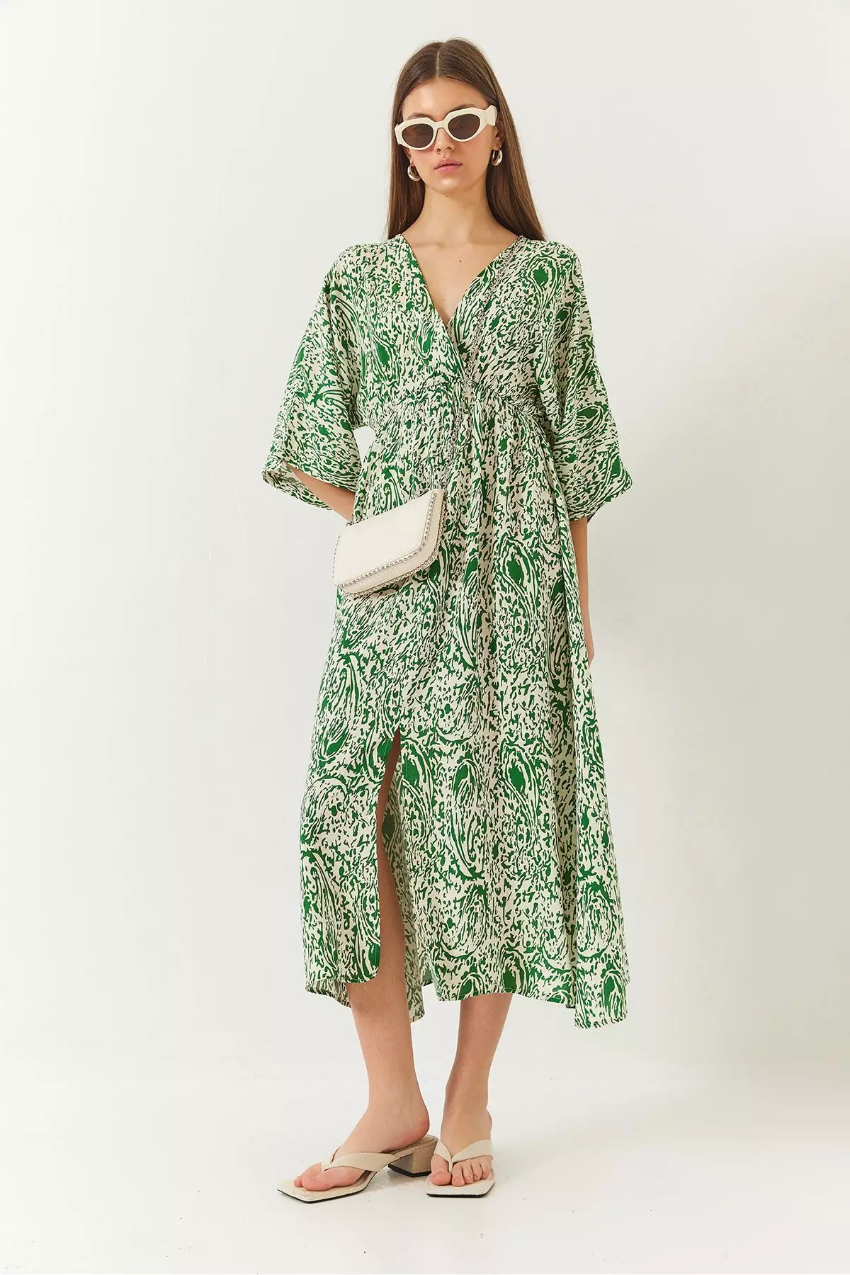 Women's Double Breasted V Neck Front Slit Detail Print Dress 60261411