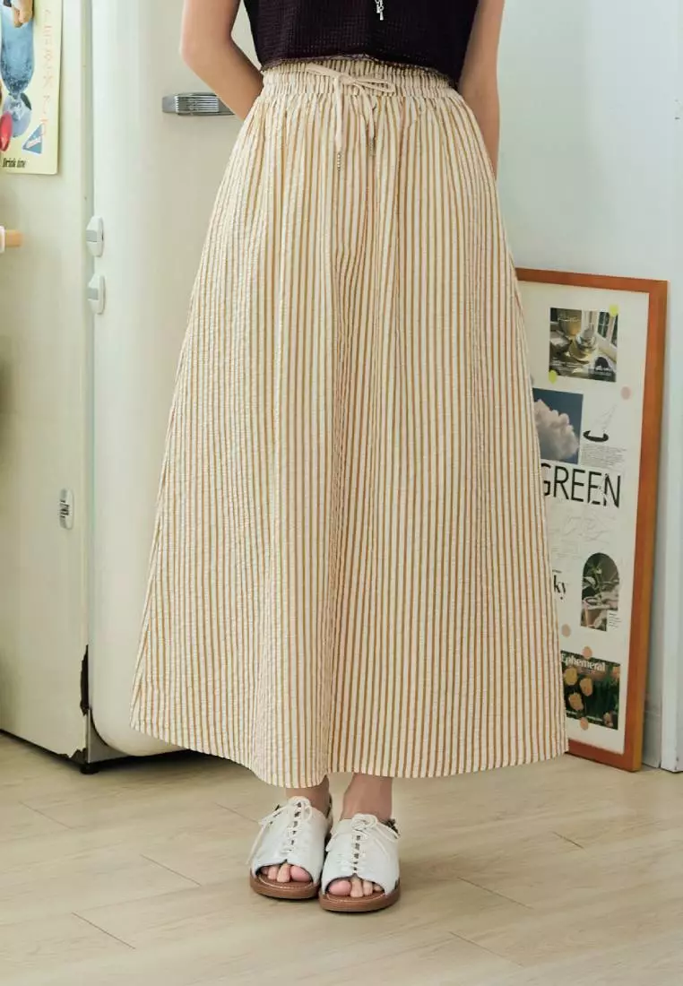 Vertical Stripe Drawstring Elastic Waist Maxi Skirt [CA3114]