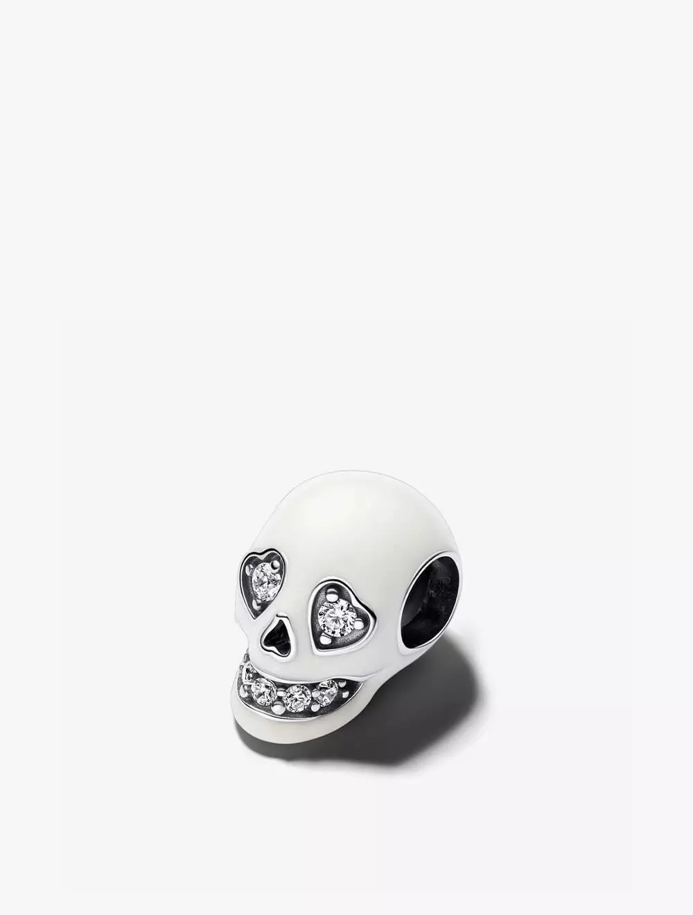 Skull sterling silver charm with clear cubic zirconia and white glow in the dark enamel