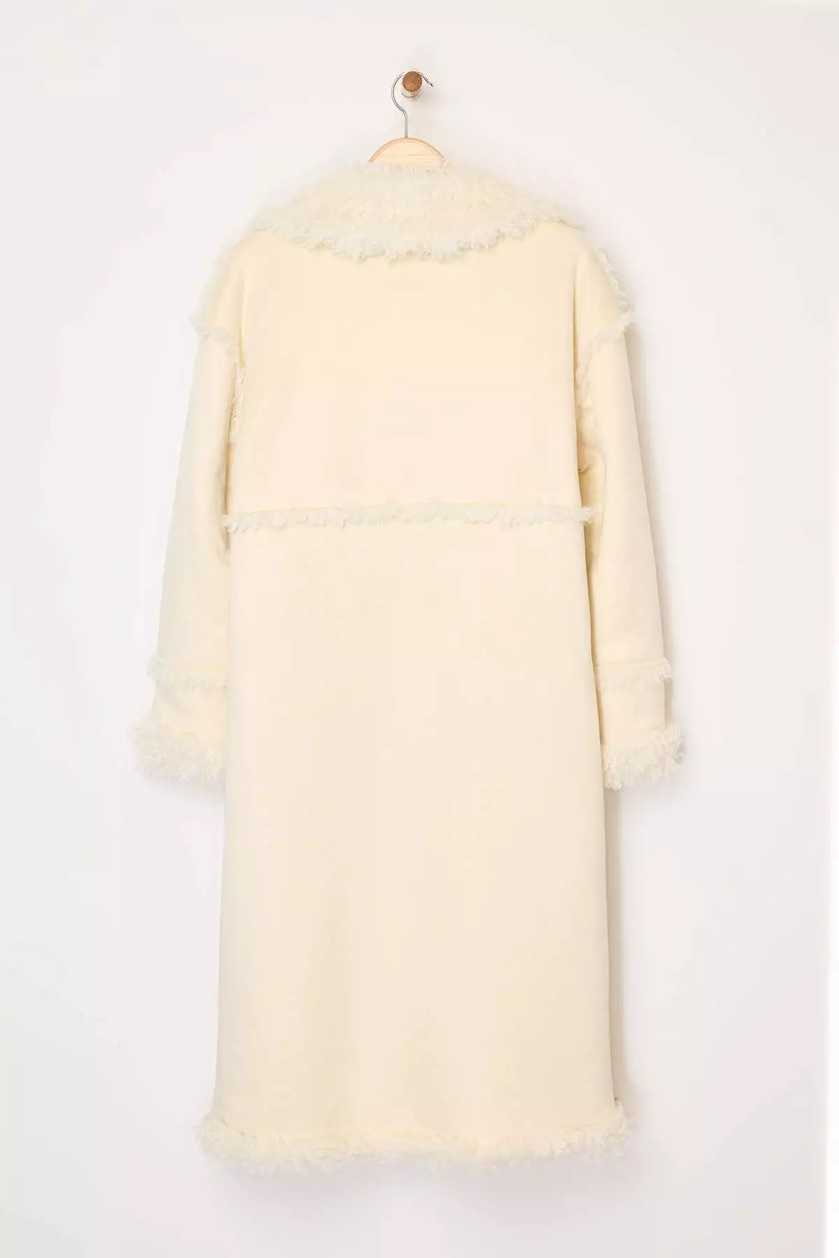 Ecru Double-Sided Fur Mono Closure Oversize Long Suede Coat