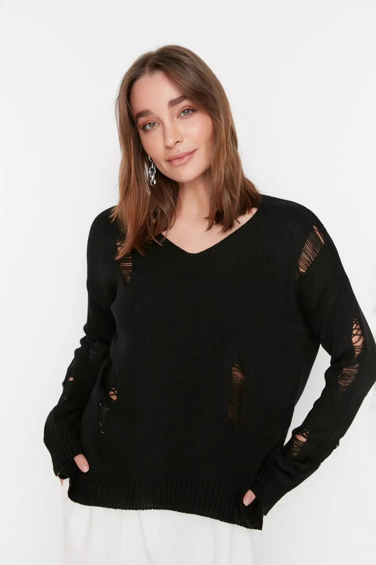 V neck on sale ripped sweater