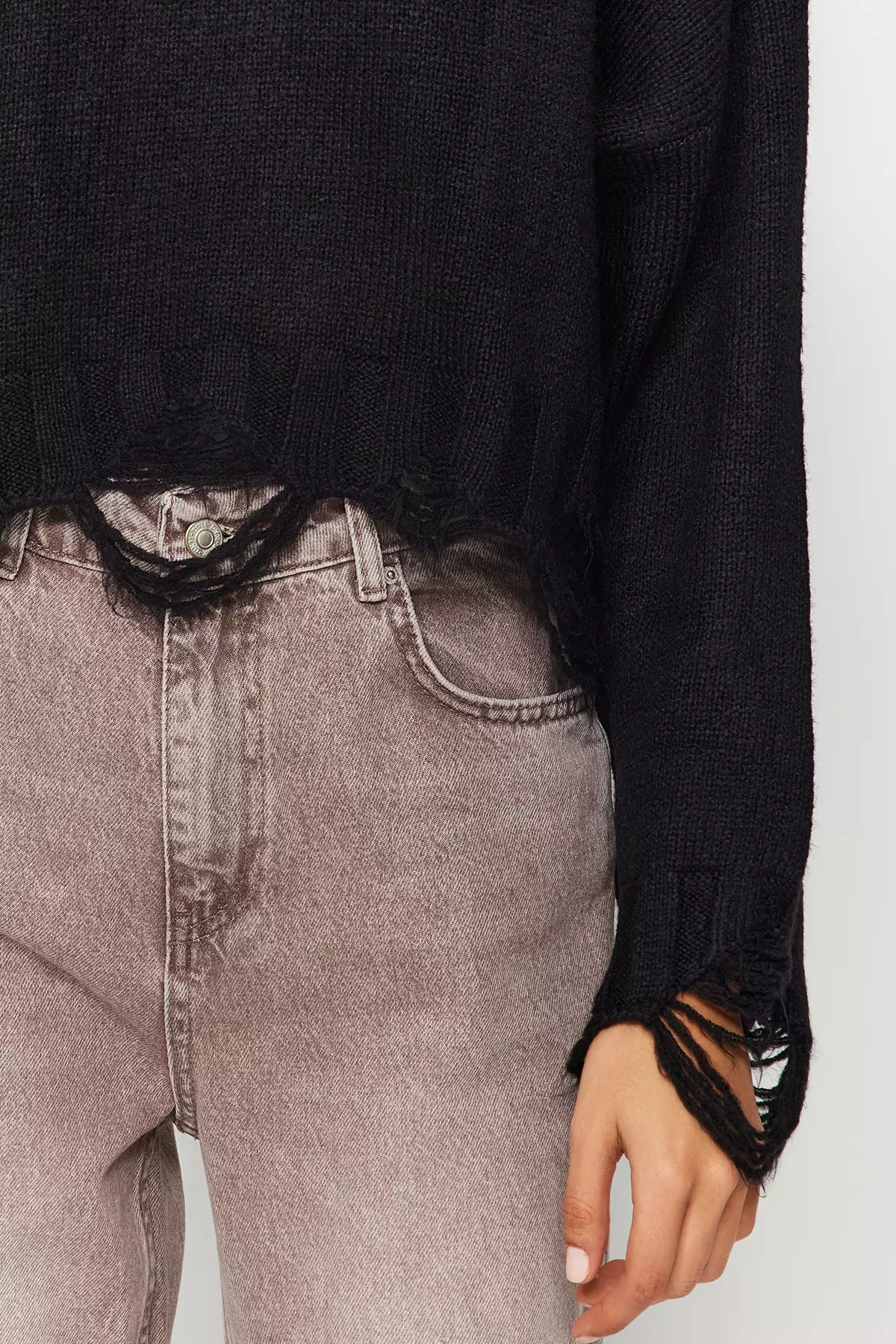 Black Crop Wide Pattern Soft Textured Flowing Detailed Knitwear Sweater Twoaw24Kz00319