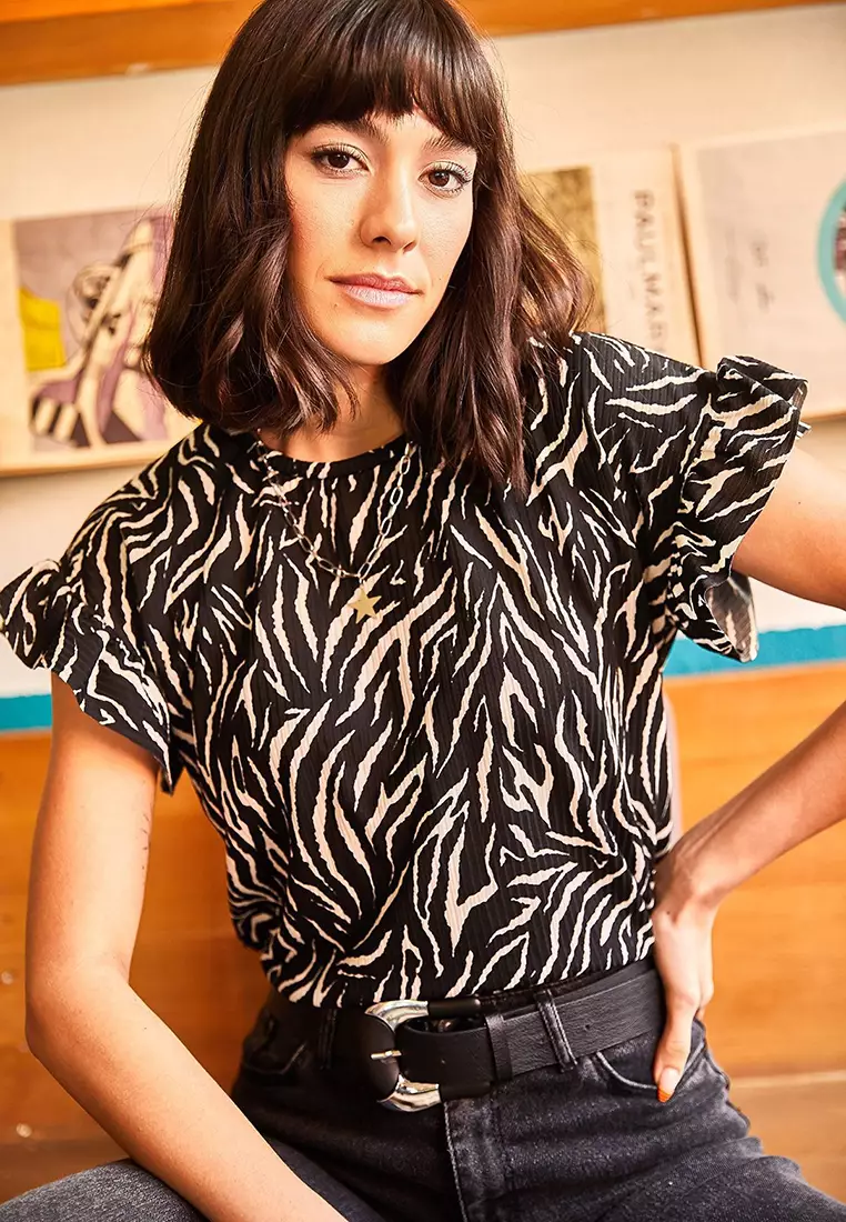 Black Zebra Sleeve Frilly Camisole T-Shirt