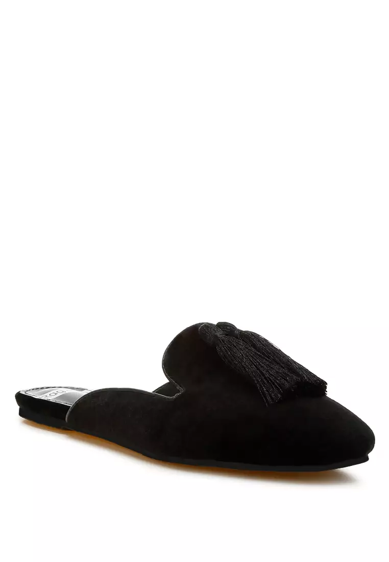 Tassel Detail Velvet Mules in Black
