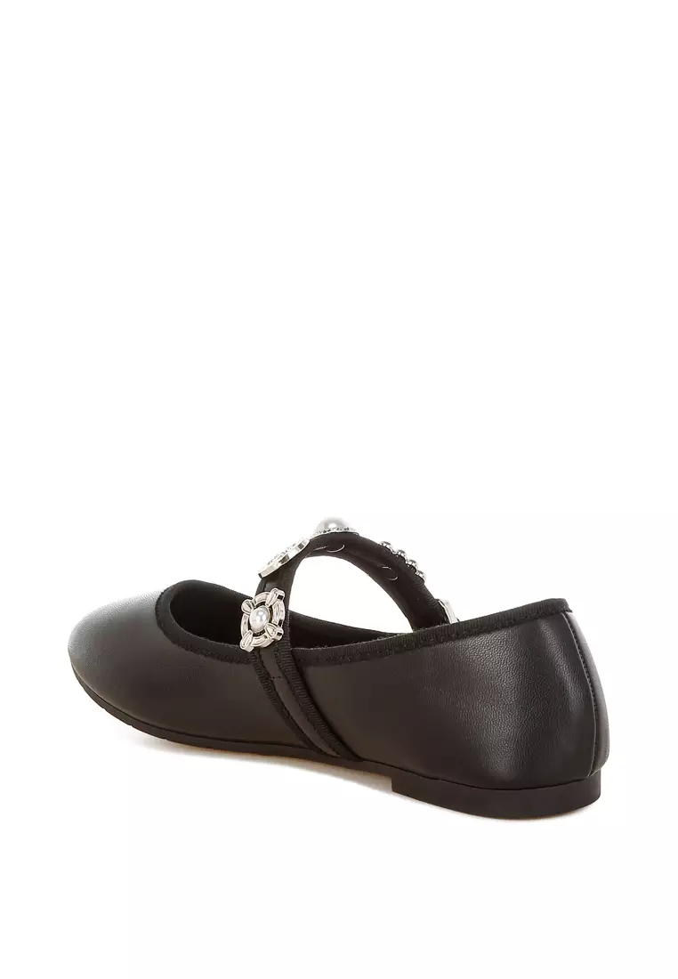 Charms Embellished Flat Mary Janes in Black