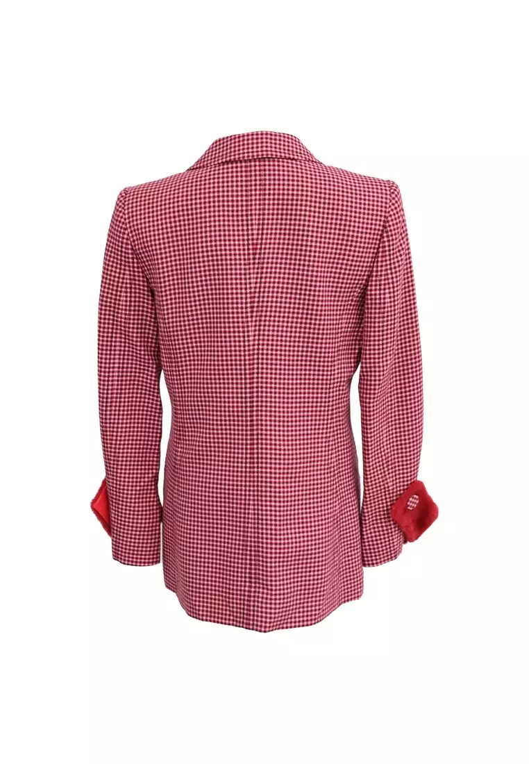 Pre-Loved Fendi Double-breasted Plaid Fur-trimmed Blazer In  Red Wool