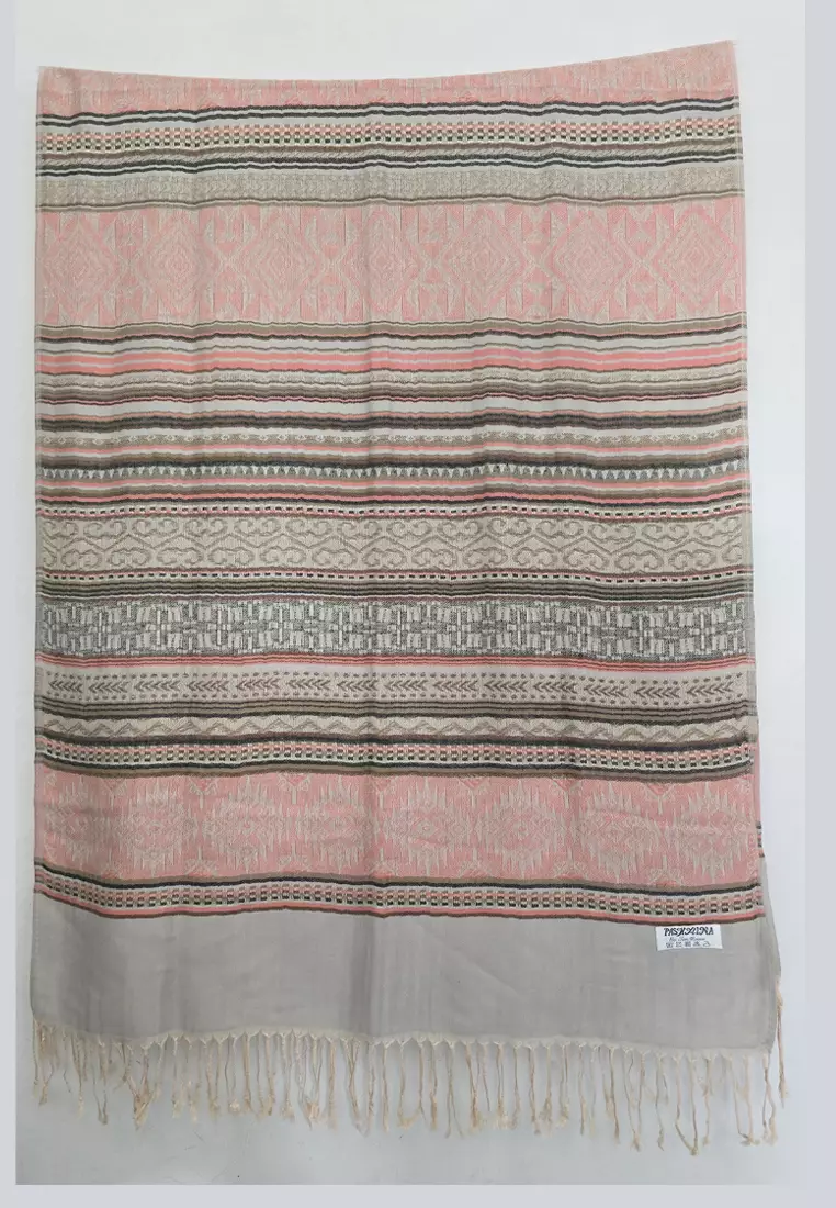 Reversible Viscose Ethinic Stripes Pattern Pashmina Shawl Syal Wanita Pastel Pink & Grey