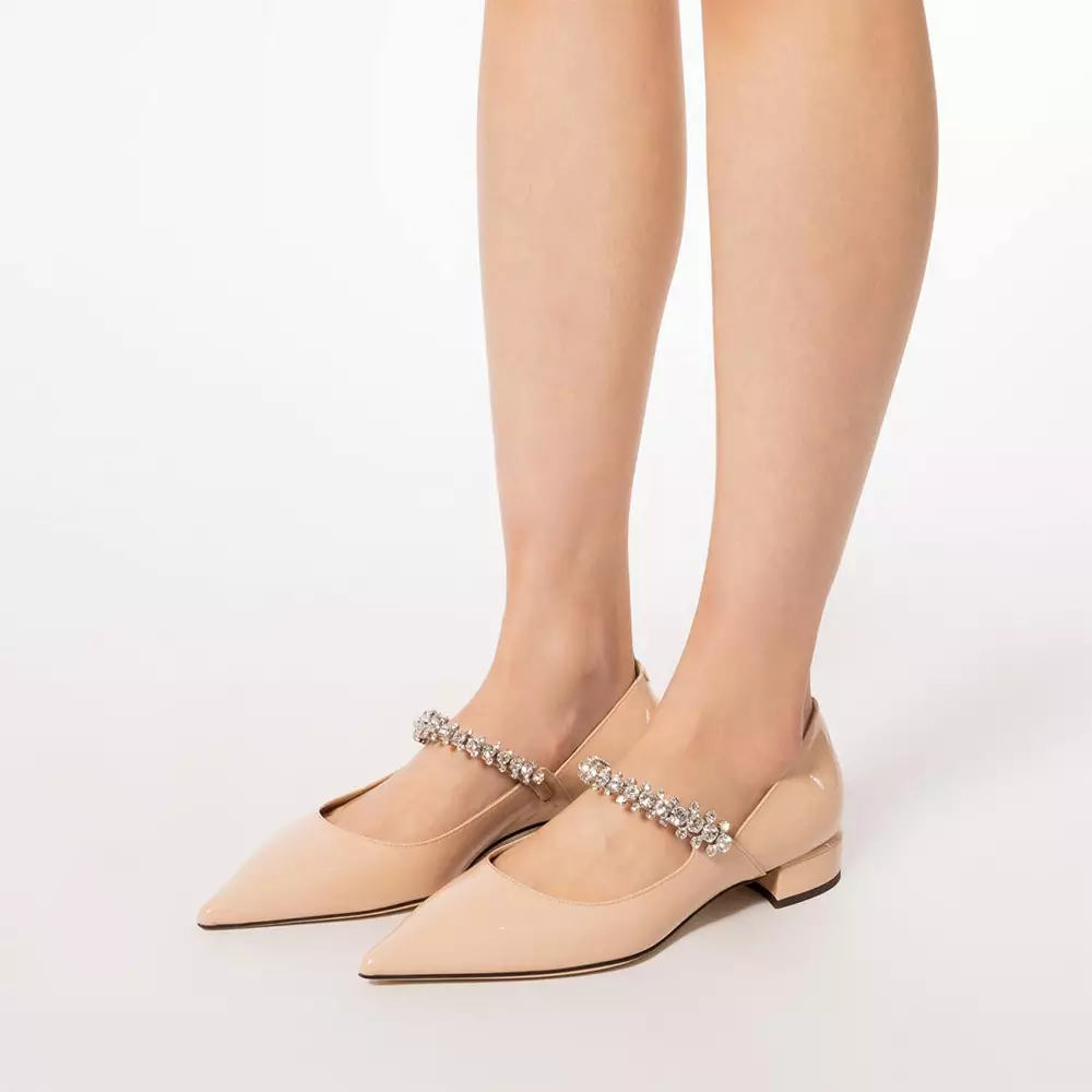 Bing 25 Crystal Strap Patent Leather Flat Pumps Macaron
