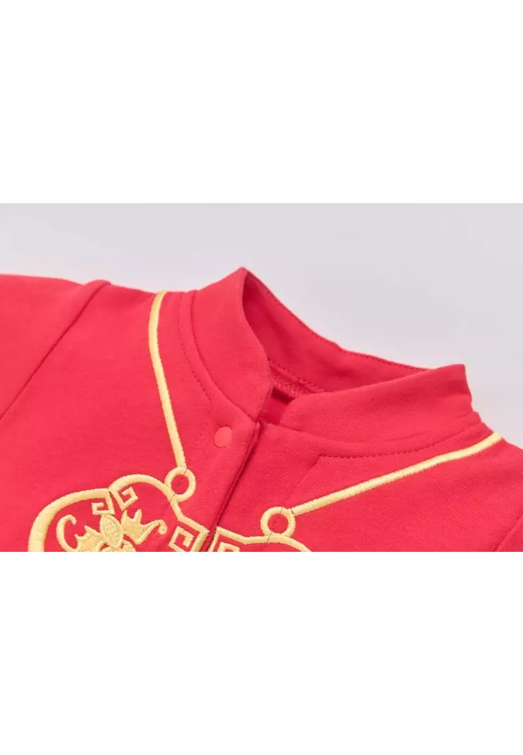 嬰兒紅色唐裝漢服連體衣如意鎖拜年服