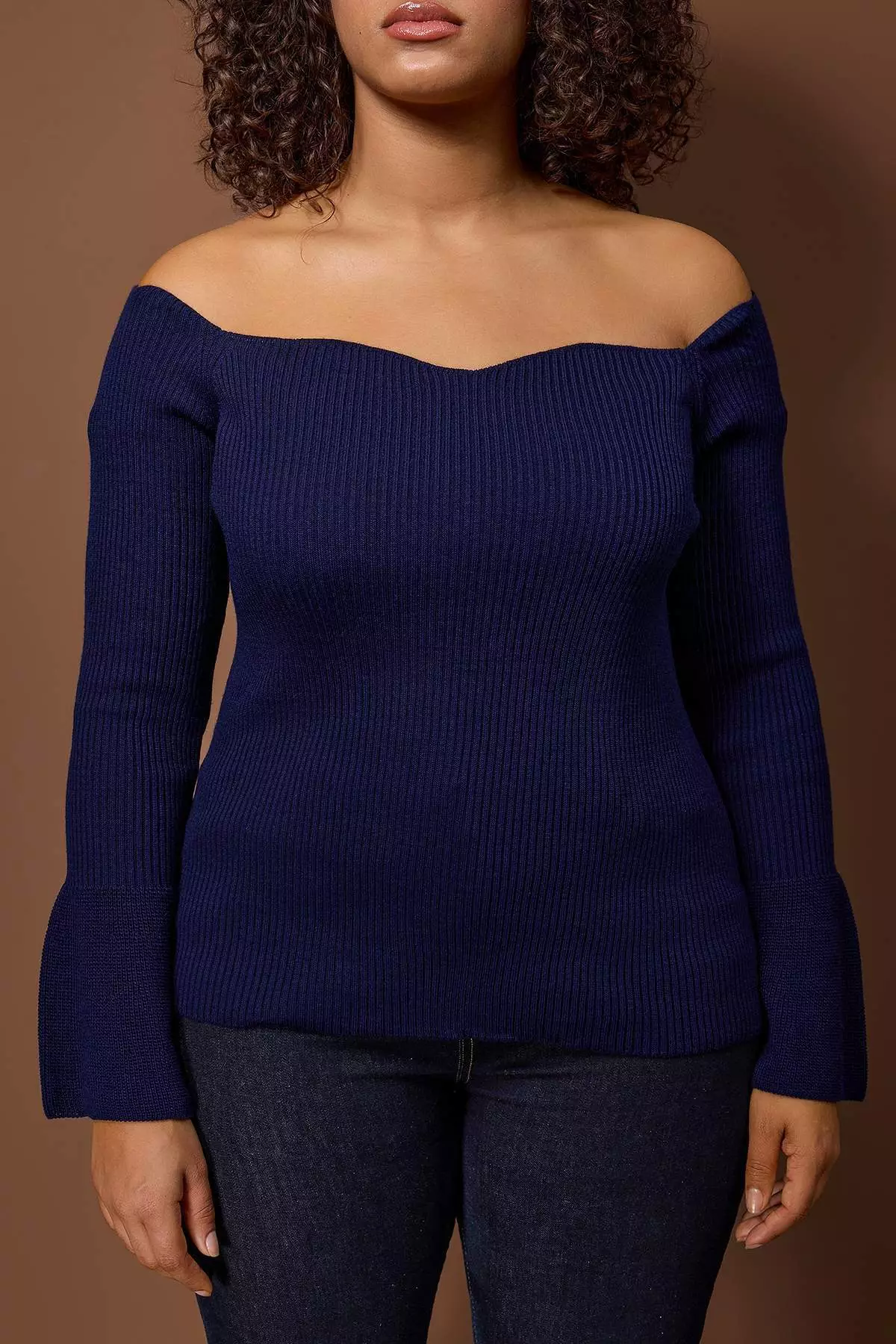 Navy Blue Corded Fabric Carmen Collar Knitwear Sweater Tbbaw26An00031