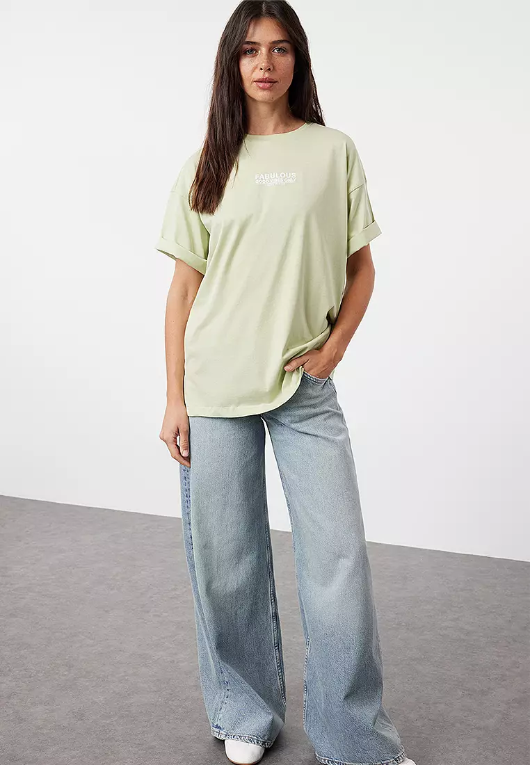 Mint Back And Front Printed Oversize/Wide Cut Knitted T-Shirt