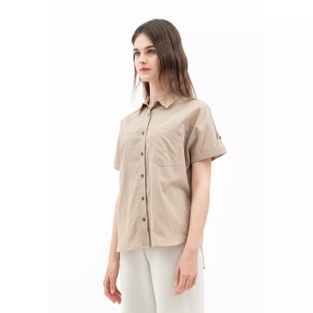 Urban Exchange Alisha Shirt Latte - Atasan Kemeja Wanita Lengan Pendek Warna Latte