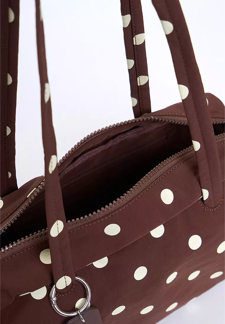 Nylon Polka Dots Bowler Shoulder Bag with Leather Charm