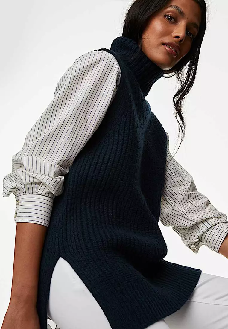 Recycled Blend Ribbed Roll Neck Knitted Vest