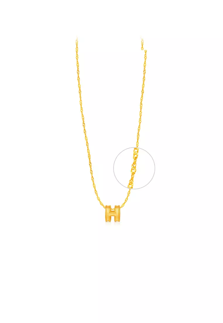 999.9/24K Pure Gold Mini H with 375/9K Gold Wave Chain Necklace Set