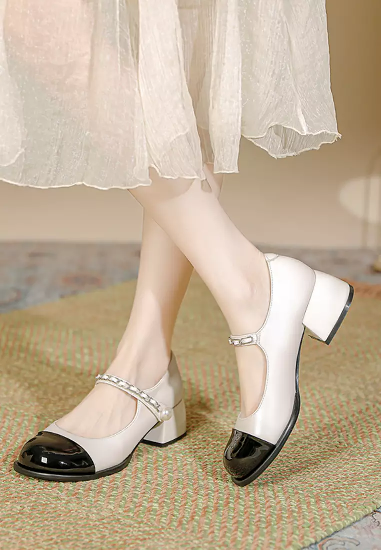 4CM Color Matching Pearl Strap Mary Jane Shoes TE3902-3