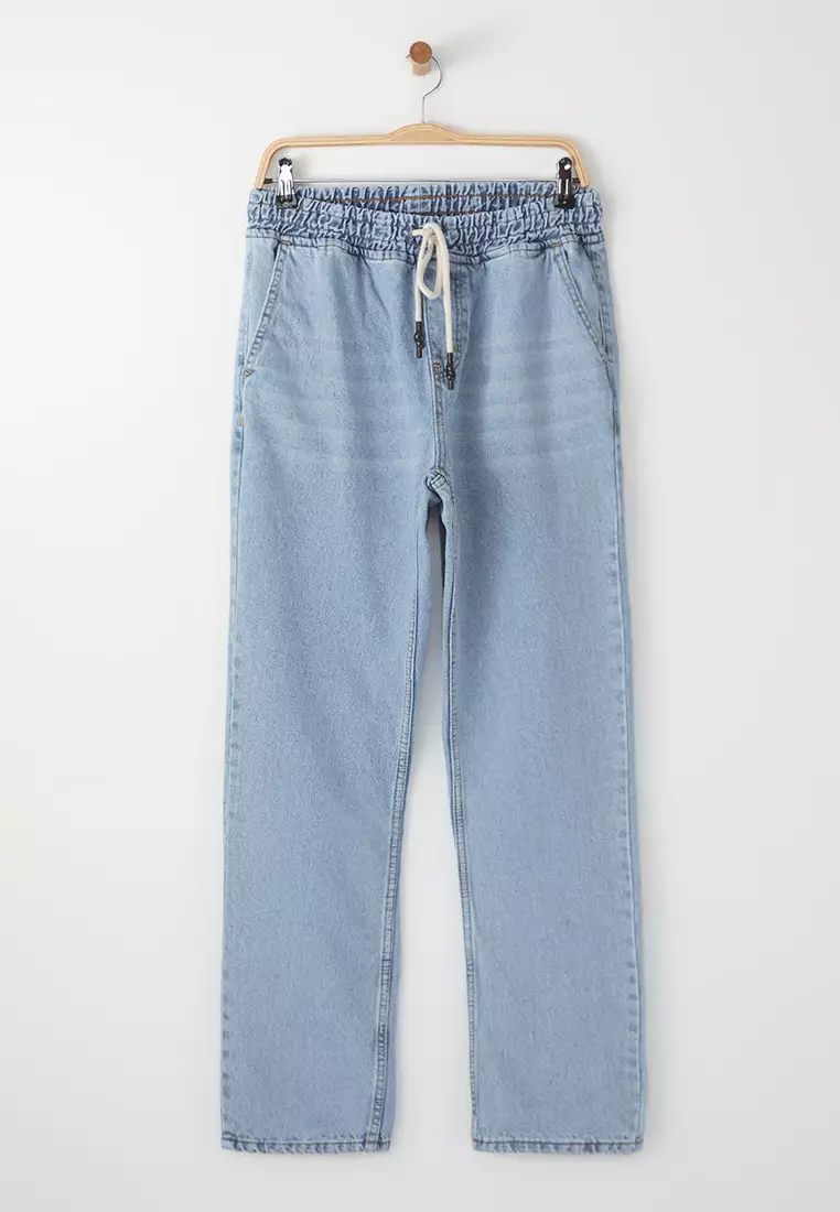 Blue Regular Fit Elastic Waist Wide Cut Loose Jeans TMNAW24JE00025