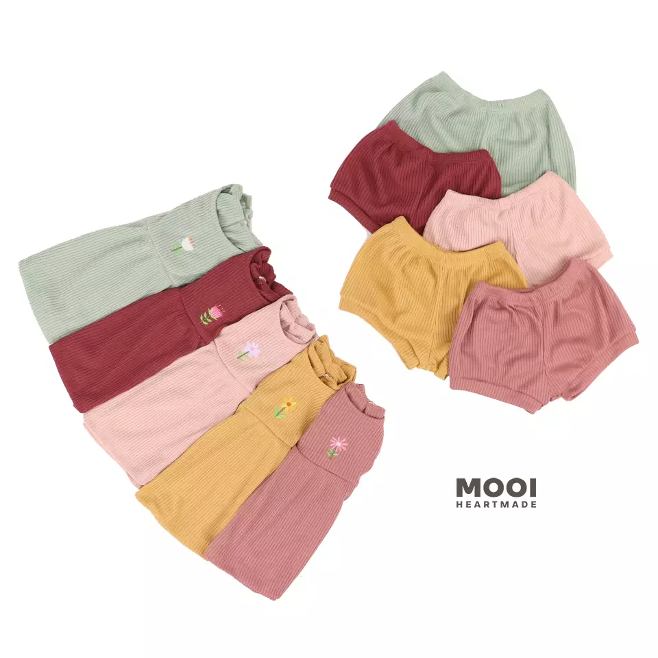 Mooi Setelan Anak Perempuan Rumi Rib Ruffle Set - Pink Rose