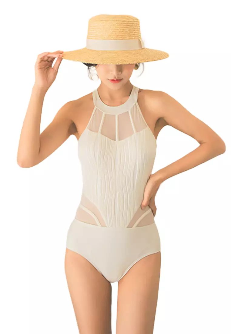 Sexy Mesh Stitching Halter One-Piece Swimsuit A21071416W