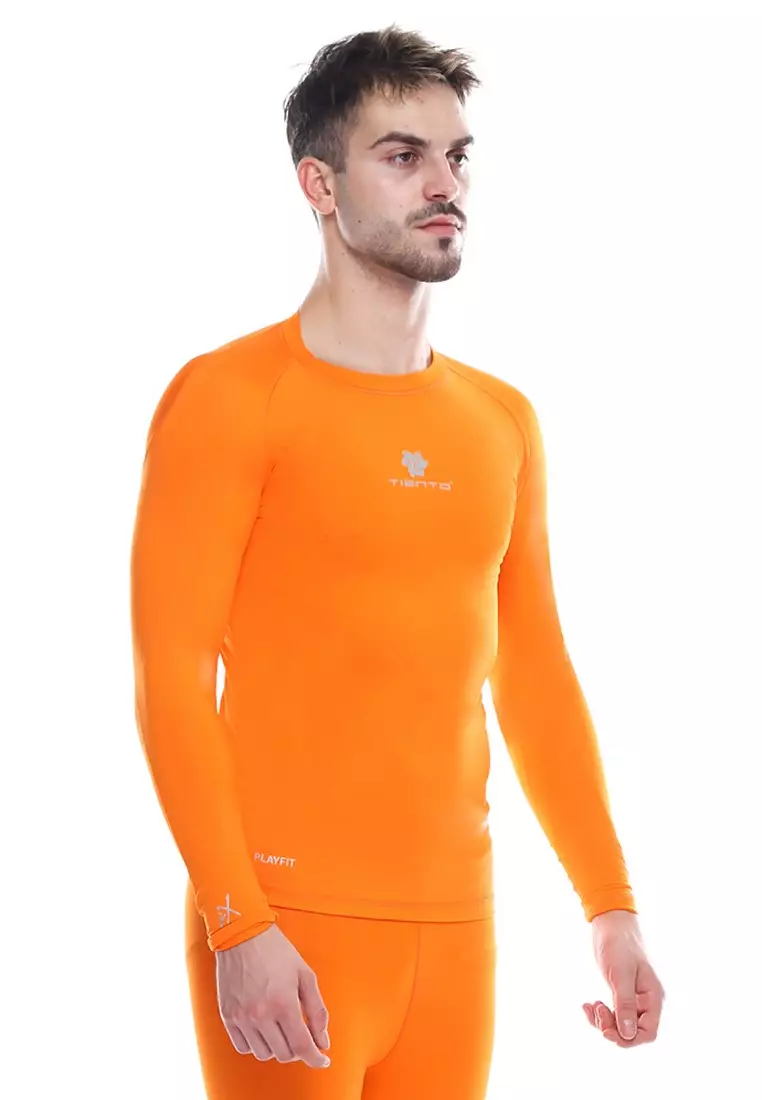 Tiento Man Baselayer Baju Ketat Manset Olahraga Pria Long Sleeve Orange Rashguard Sport Original