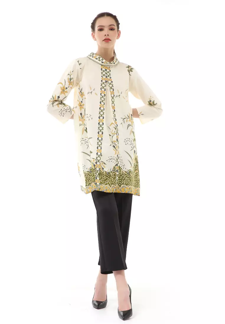 Olaf Atasan Batik Wanita Tunik Traditional Motive Elegant Design Material Cotton ORIGINAL - White Green