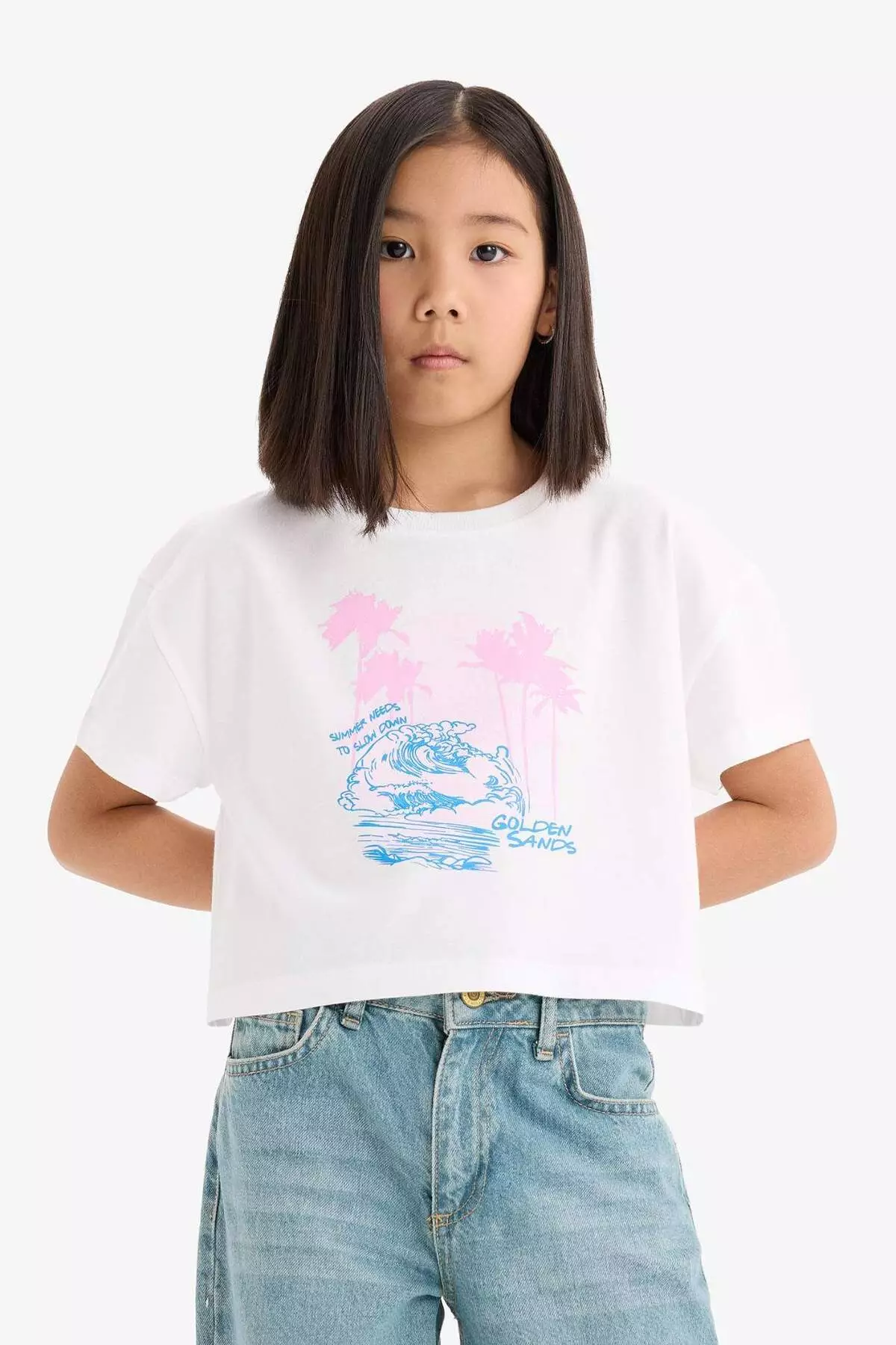 Girl's Crew Neck Printed Short Sleeve T-Shirt E0384A825Sm