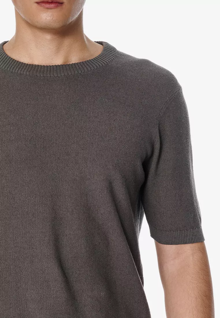 Dark Gray Cotton-Linen Blend Textured Crew Neck Knit