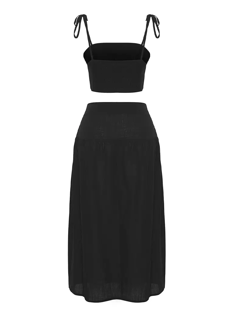 Black Woven Flared Cotton Beach Blouse Skirt Suit Tbess25Au00073