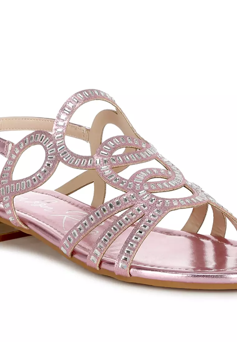 Sandal Datar Berlian Imitasi Detail Potongan Warna Pink