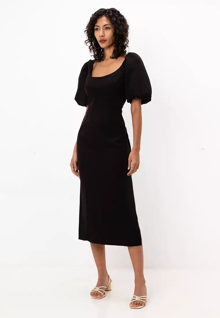 Puff Sleeve Midi Dress With Asymmetric Neck Line