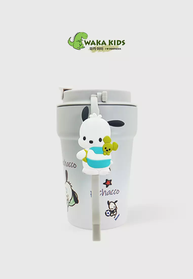Wakakids Botol Minum Termos Stainless Steel Tumbler Cup Karakter Sanrio Pochacco Abu dengan Gantungan Lucu K2356 500ml Venrc