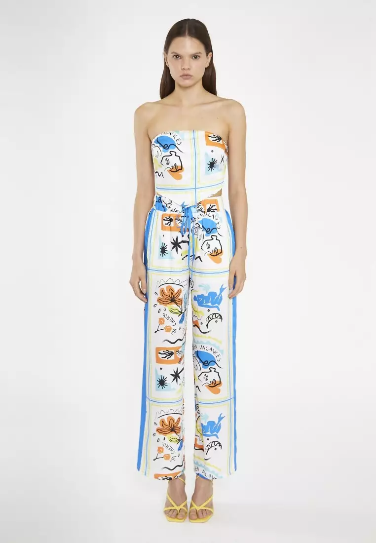 Blue Scarf Print Contrast Stripe Wide Leg Trousers