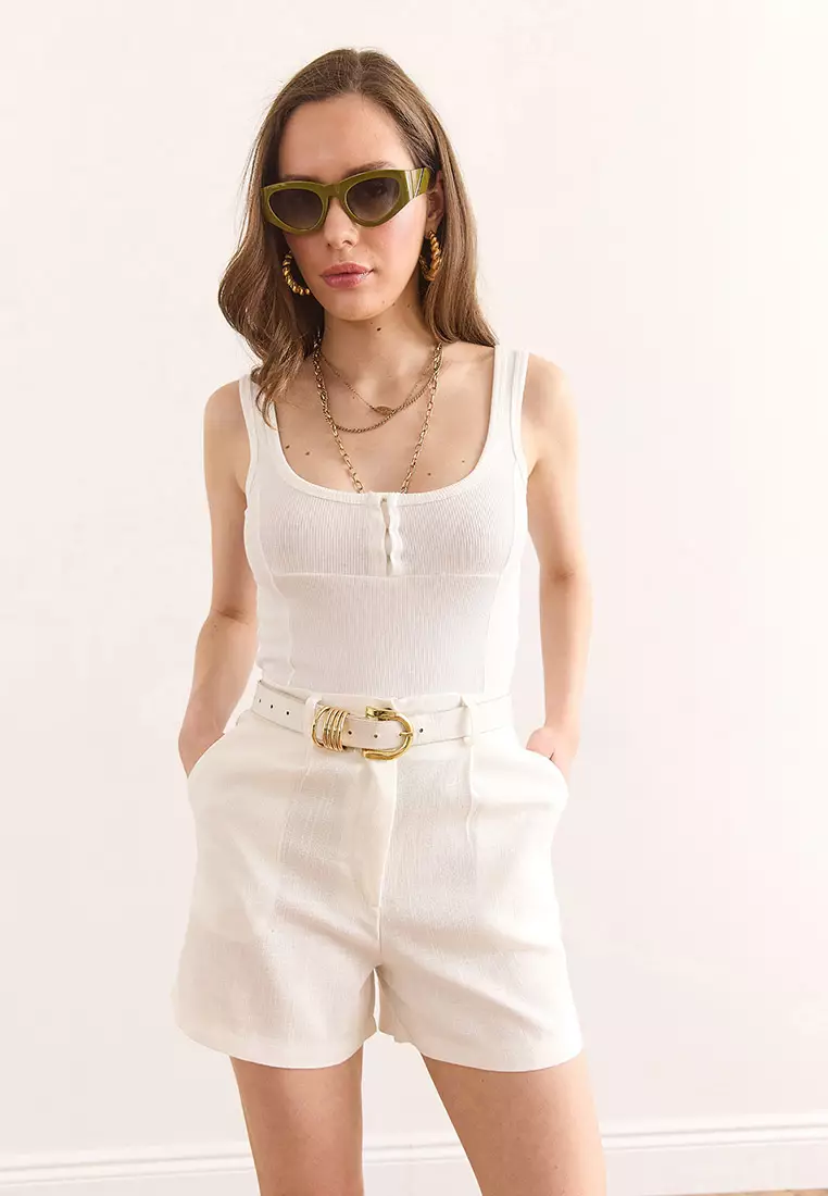 Women's White U Neck Clasp Stretchy Cotton Crop Blouse Blz-19002956