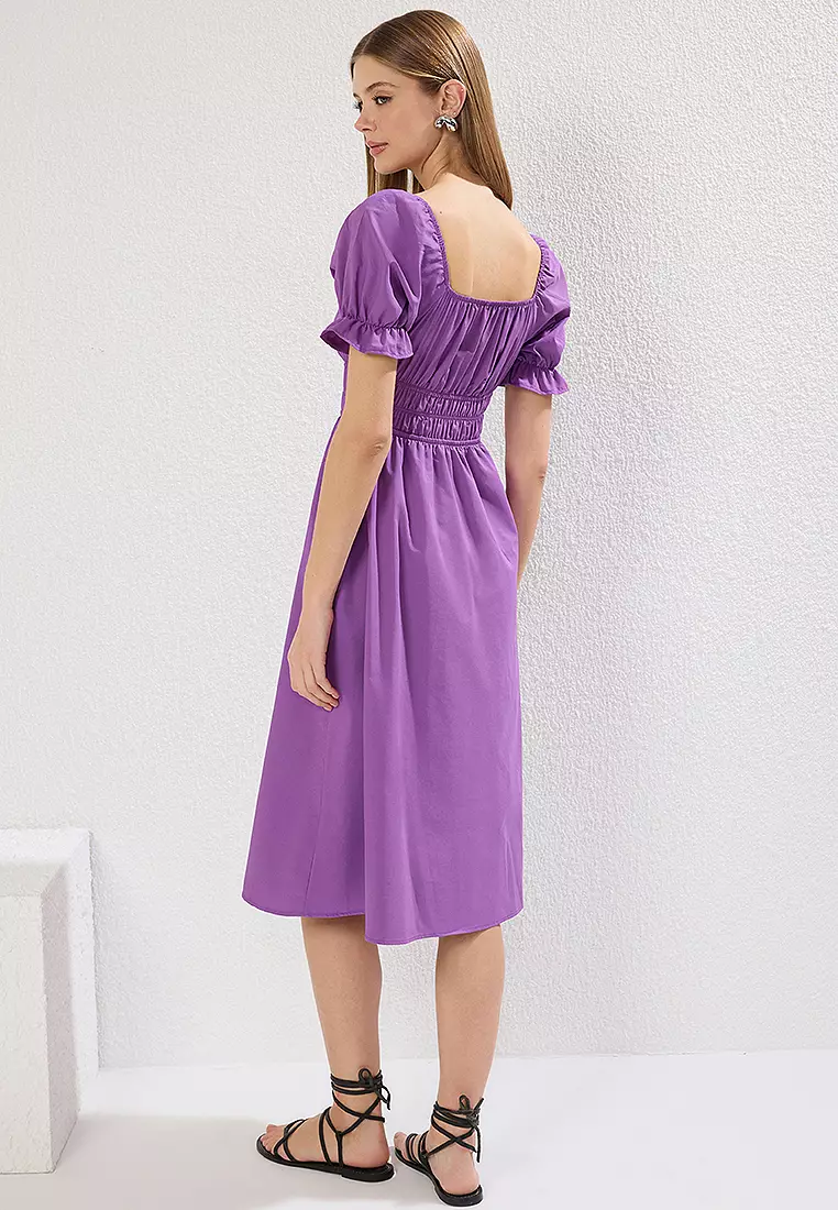 Purple Plain Skirt Elastic Waist Opening Midi Woven Dress