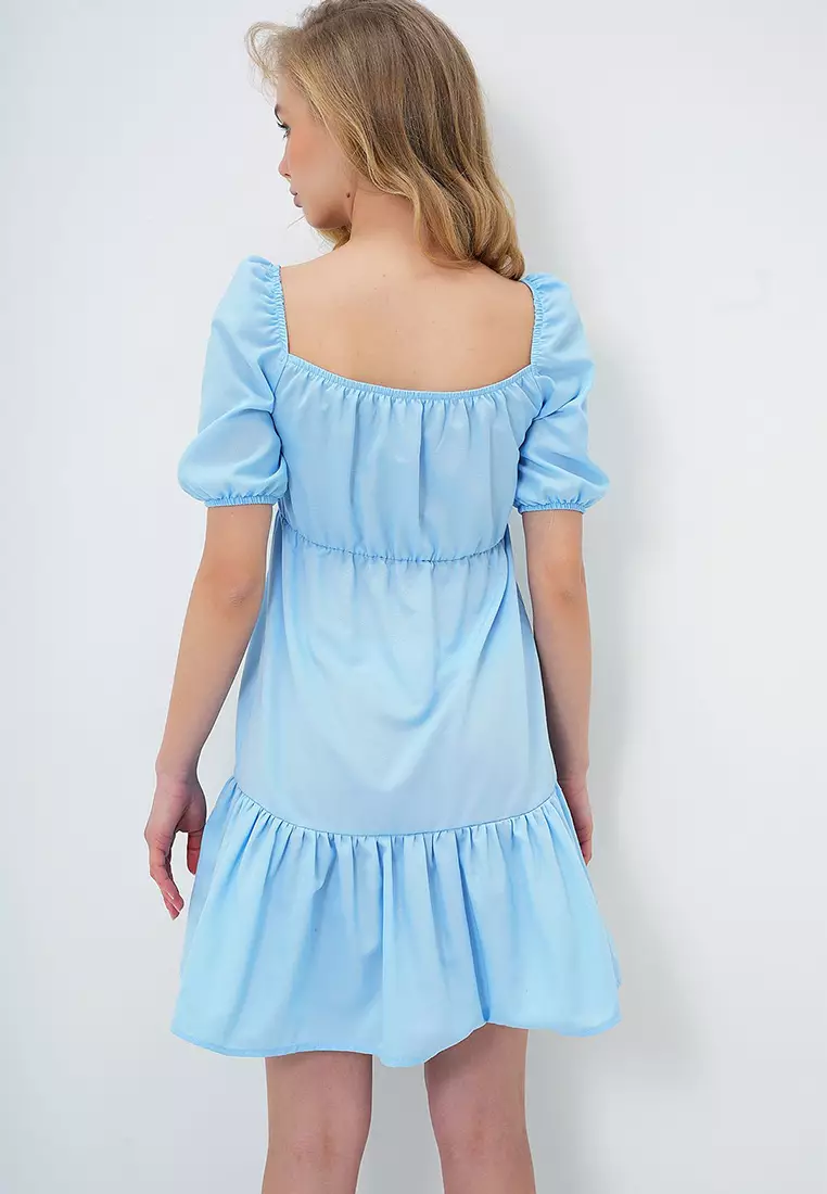 Women's Baby Blue Square Neck Balloon Sleeve Poplin Mini Dress Alc-X13594