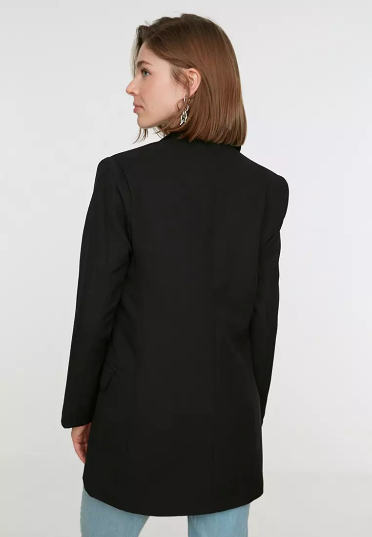 Double Button Detailed Pocket Lined Blazer Woven Jacket