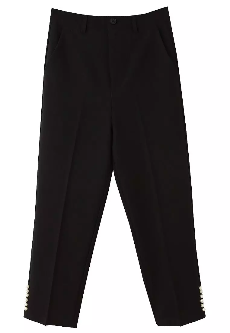 純色燙印線珍珠飾窄管八分褲《BA7365》