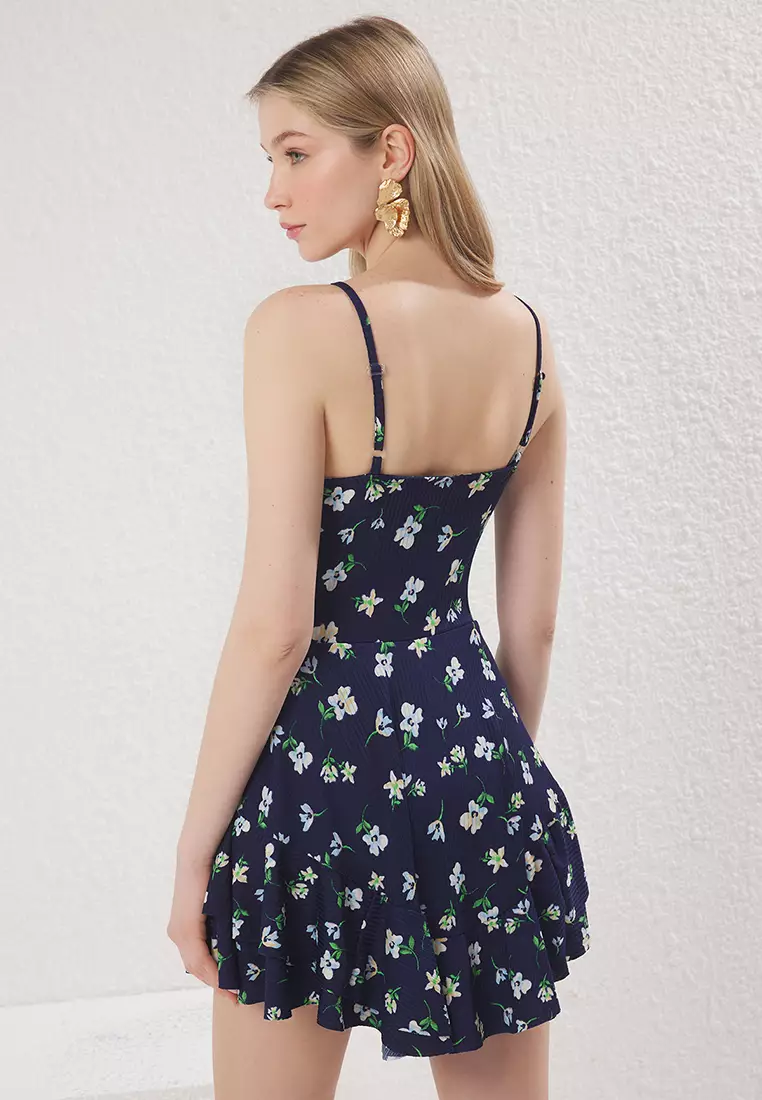 Navy Blue Printed Strappy Flounce Shorts Mini Jumpsuit TWOSS23TU00044
