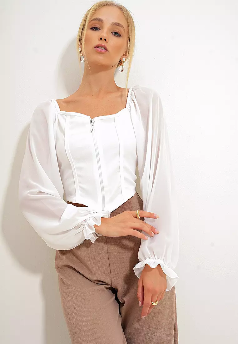 Puff Sleeve Top with Zipper