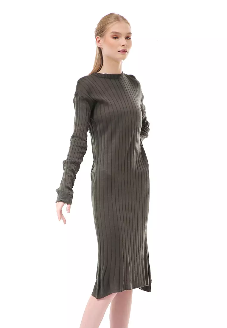 Adela Dress Rajut Tunik Wanita Motif Polos Long Sleeve Relaxed Fit - Army
