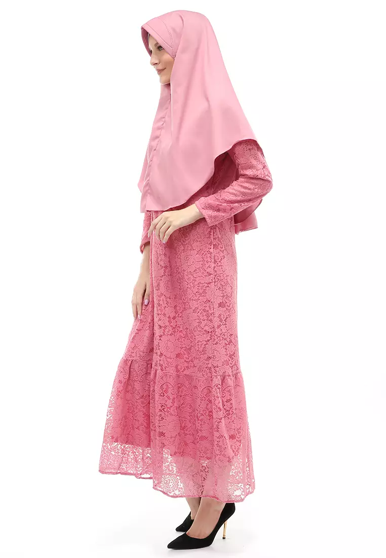Aisyah Gamis Muslimah Wanita Motif Kebaya Long Sleeve Relaxed Fit - Pink