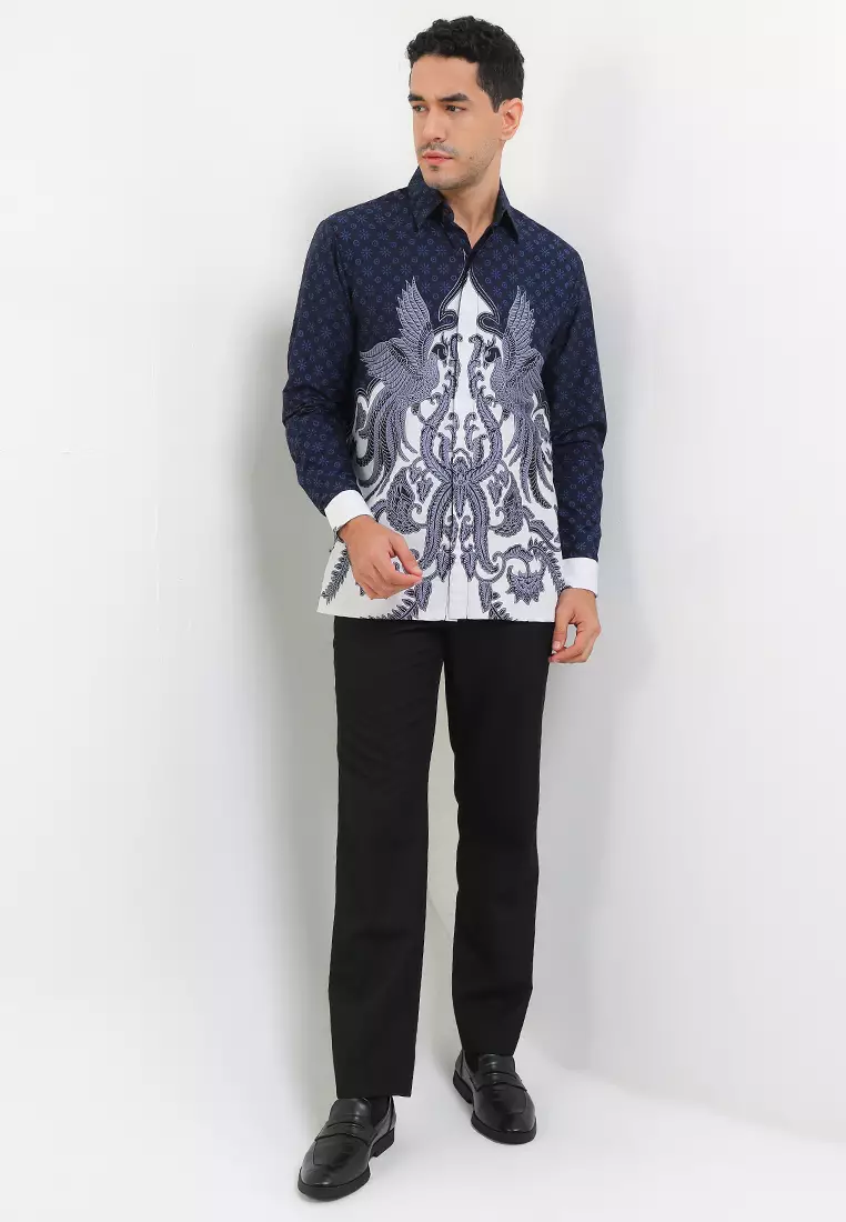 Kemeja Lengan Panjang Pria Reguler Fit Full Furing Rianty Aldo Navy White