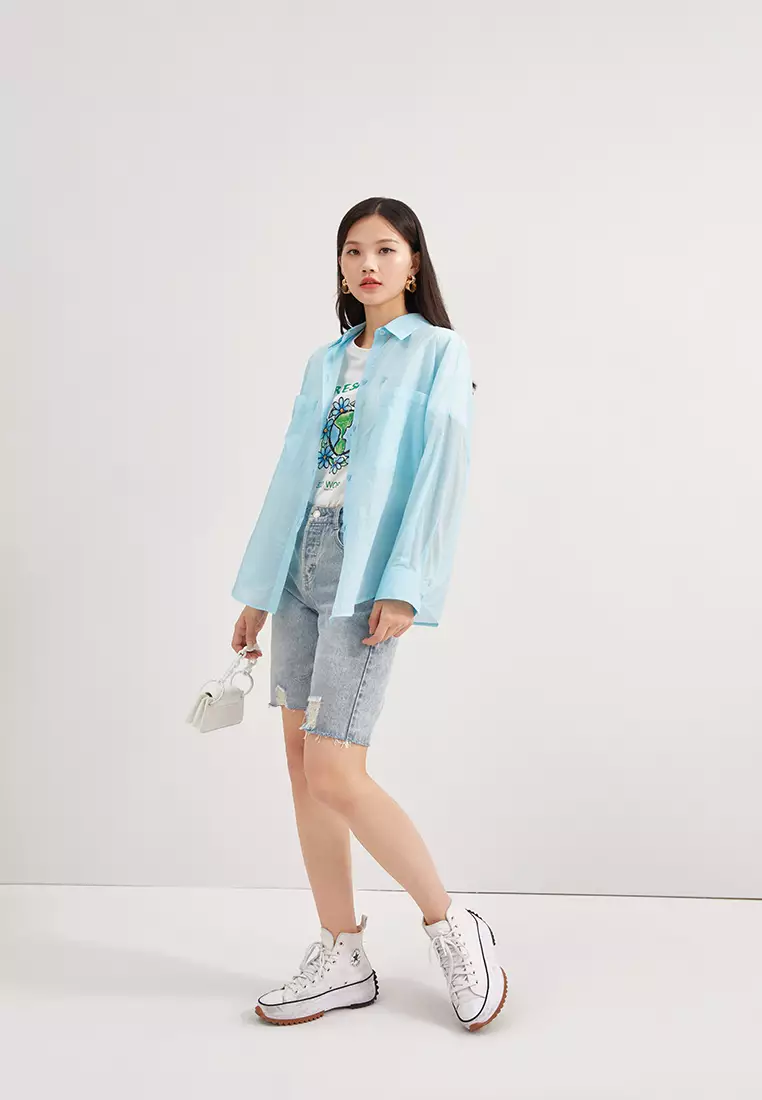 Loose Fit Semi Sheer Button Blouse